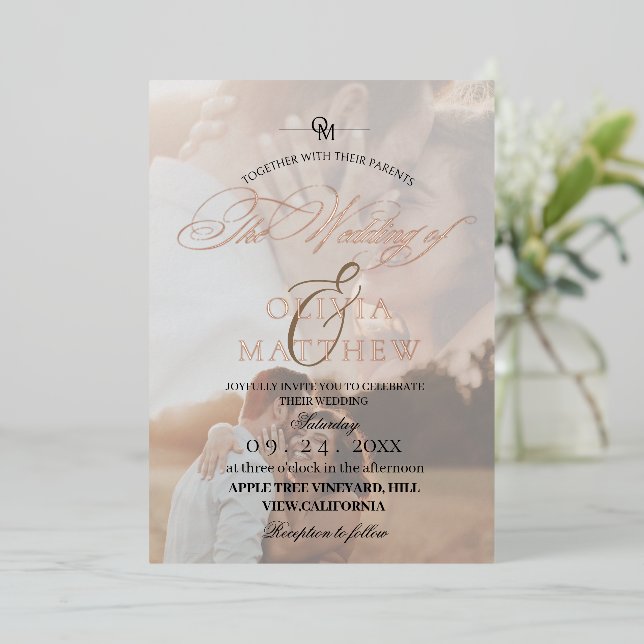 Cute Rose Gold Foil Overlay Photo Wedding Foil Invitation (Standing Front)