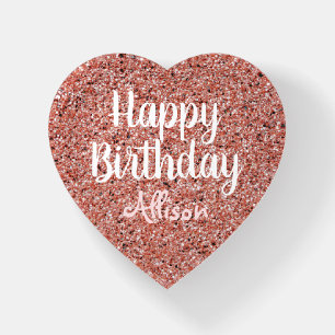 Cute Rose Gold Glitter Birthday Monogram Heart Paperweight