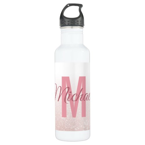 Cute Rose Gold Glitter Monogram Name Girly Trendy Stainless Steel Water Bottle