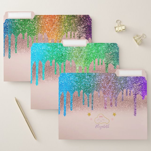 Cute Rose Gold Glitter Ombre Glitter Drips Cloud File Folder (Set)