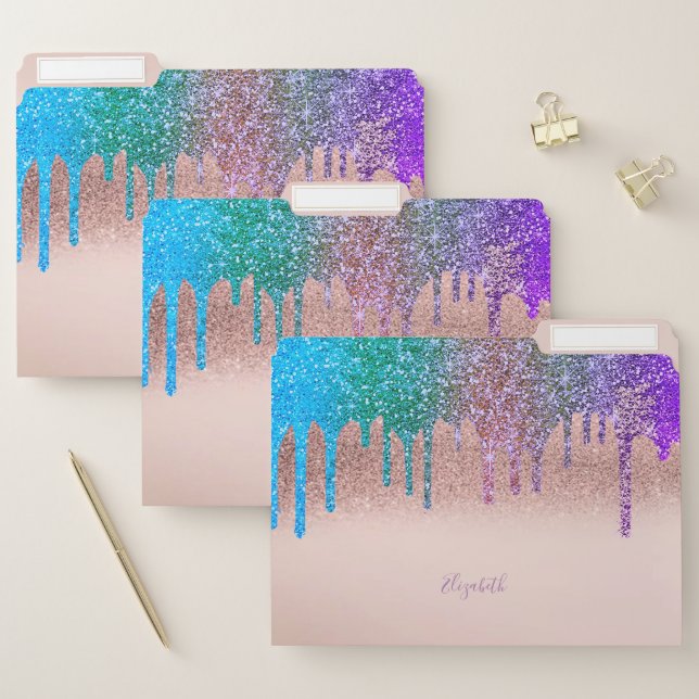 Cute Rose Gold Glitter Ombre Glitter Drips File Folder (Set)
