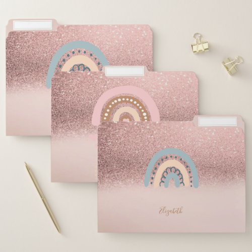Cute Rose Gold Glitter Ombre Rainbow Hearts File Folder