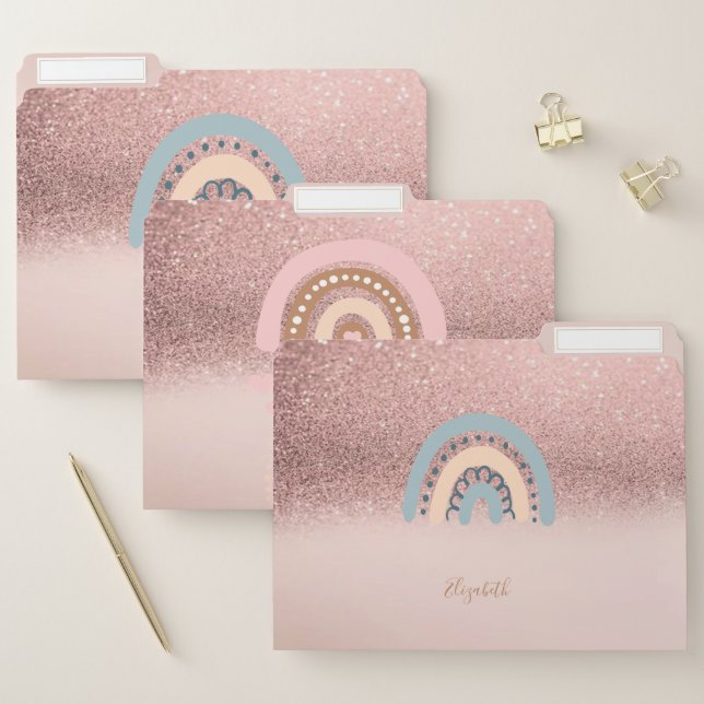 Cute Rose Gold Glitter Ombre Rainbow Hearts File Folder (Set)