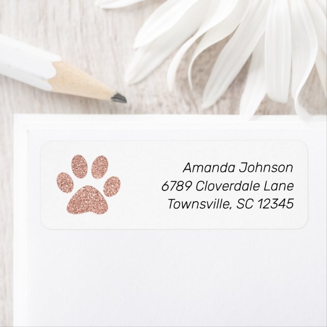 Cute Rose Gold Glitter Paw Print Return Address Label (Insitu)