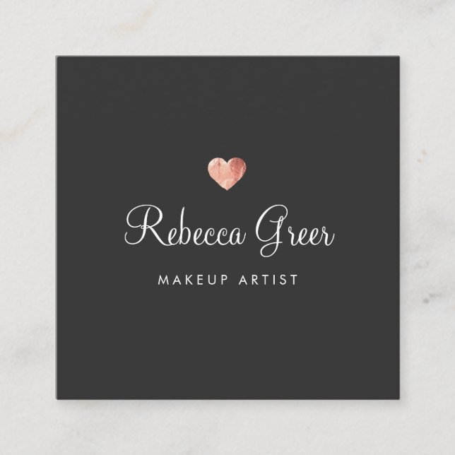 Cute Rose Gold Heart Black Beauty Consultant Square Business Card (Front)