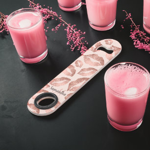 Cute rose gold lips kiss blush pink girly monogram bar key