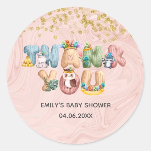 Cute Rose Gold Marble Baby Shower Animal Thank You Classic Round Sticker