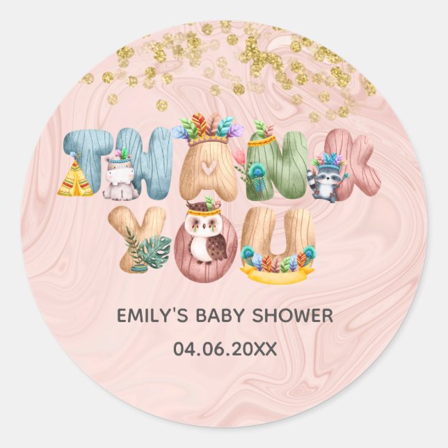 Cute Rose Gold Marble Baby Shower Animal Thank You Classic Round Sticker (Front)