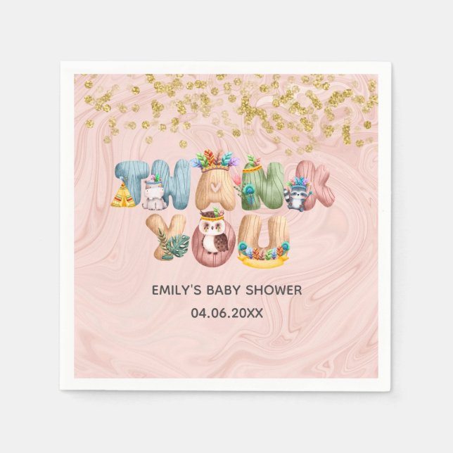 Cute Rose Gold Marble Baby Shower Animal Thank You Napkins (Front)