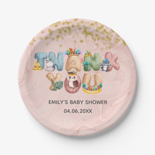 Cute Rose Gold Marble Baby Shower Animal Thank You Paper Plates