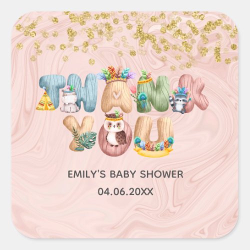 Cute Rose Gold Marble Baby Shower Animal Thank You Square Sticker