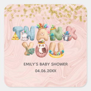 Cute Rose Gold Marble Baby Shower Animal Thank You Square Sticker