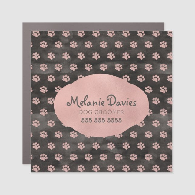 Cute Rose Gold Pawprints Dog Grooming Car Magnet (Front)