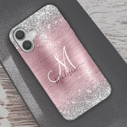 Cute rose gold silver faux glitter girly monogram iPhone 16 case