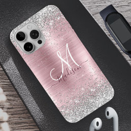 Cute rose gold silver faux glitter girly monogram iPhone 16 pro case