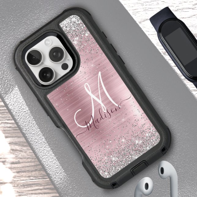 Cute rose gold silver faux glitter girly monogram otterbox iPhone case (Creator Uploaded)