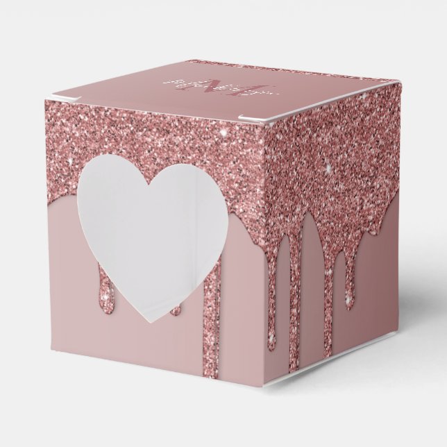 Cute Rose Gold Sparkle Glitter Drips Monogram Favor Boxes (Front Side)