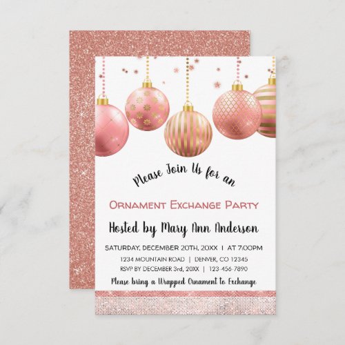 Cute Rose Gold Sparkle Ornament Exchange Party Invitation