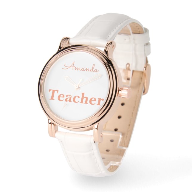 Cute Rose Gold White Teacher Personalized Name Watch (Angle)