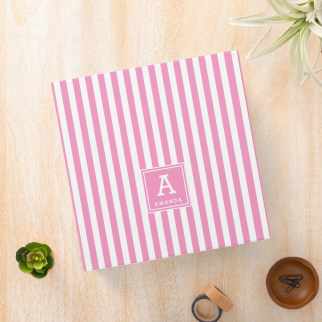 Cute Rose Pink Cabana Stripes Monogrammed Initials 3 Ring Binder (In Situ)