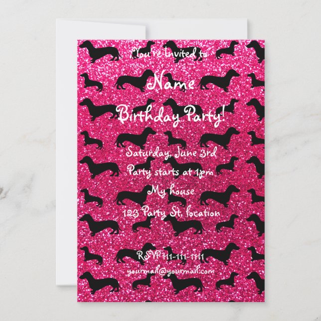 Cute rose pink dachshund glitter pattern invitation (Front)