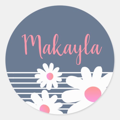 Cute Rose Pink Daisy Flowers Pastel Blue Name Classic Round Sticker