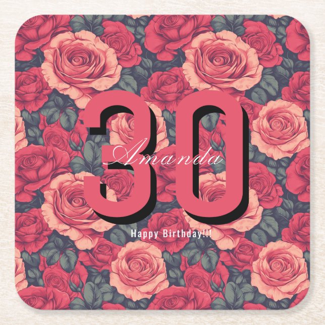 Cute Rose Themed Birthday Celebration Square Paper Coaster (Front)