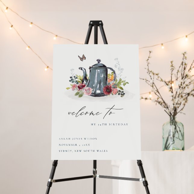 Cute Roses Floral Teapot Any Age Birthday Welcome Foam Board (In Situ (Stand))