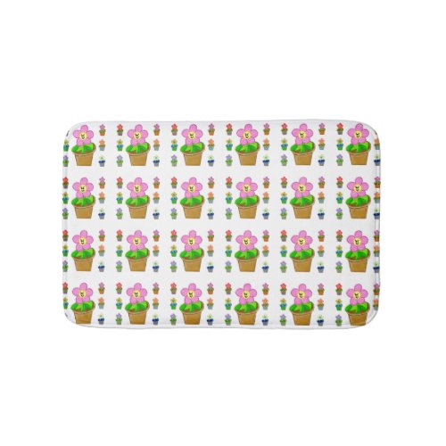 Cute Rosy Posy Potted Flowers Repeating Pattern Bath Mat