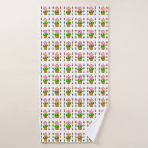 Cute Rosy Posy Potted Flowers Repeating Pattern Bath Towel