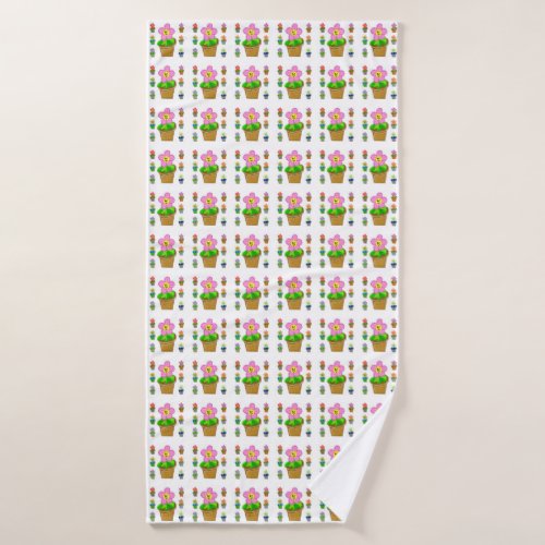 Cute Rosy Posy Potted Flowers Repeating Pattern Bath Towel