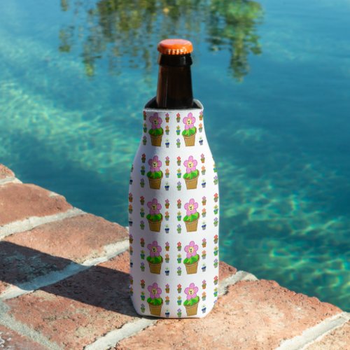 Cute Rosy Posy Potted Flowers Repeating Pattern Bottle Cooler