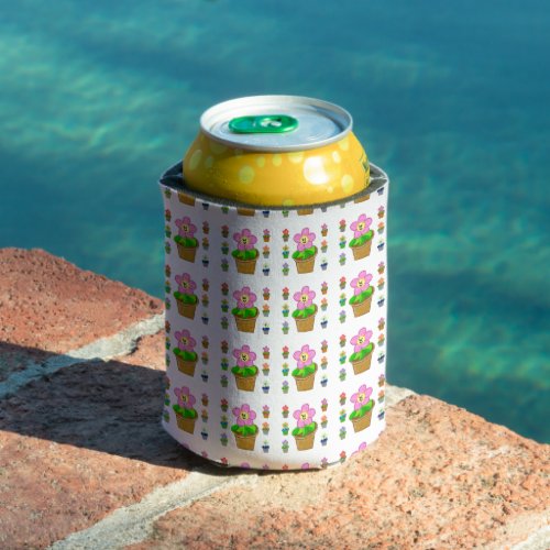Cute Rosy Posy Potted Flowers Repeating Pattern Can Cooler
