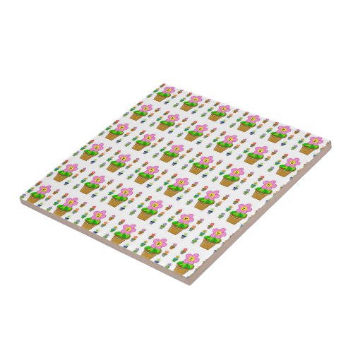 Cute Rosy Posy Potted Flowers Repeating Pattern Ceramic Tile