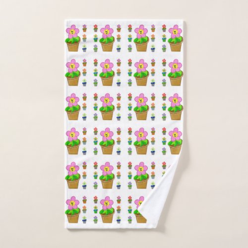 Cute Rosy Posy Potted Flowers Repeating Pattern Hand Towel