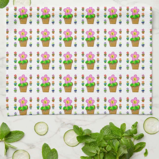 Cute Rosy Posy Potted Flowers Repeating Pattern Kitchen Towel (Folded)
