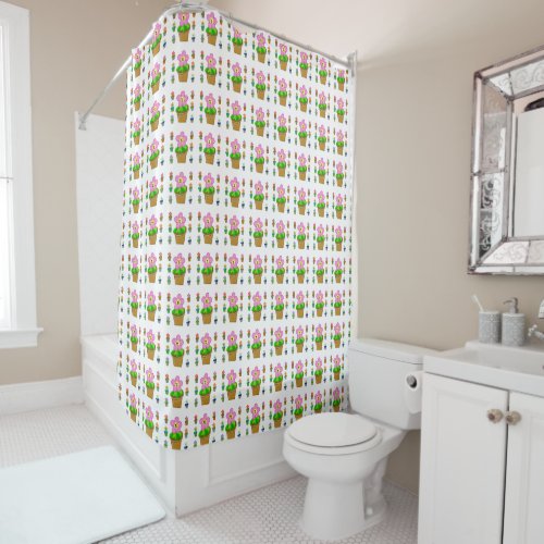 Cute Rosy Posy Potted Flowers Repeating Pattern Shower Curtain