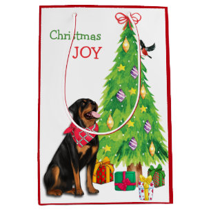 Cute Rottweiler, Bird, and Christmas Tree Medium Gift Bag