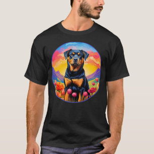 Cute Rottweiler Colorful Flower Mountain Sunset Pu T-Shirt