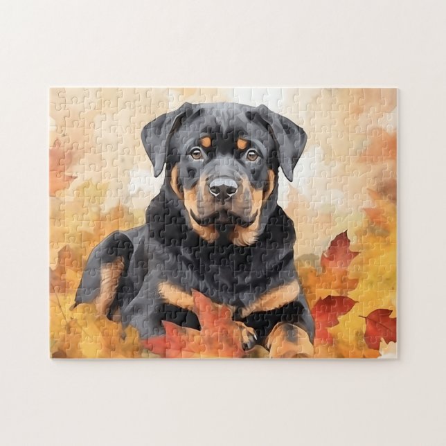 Cute Rottweiler Dog/Autumn/Fall Jigsaw Puzzle (Horizontal)