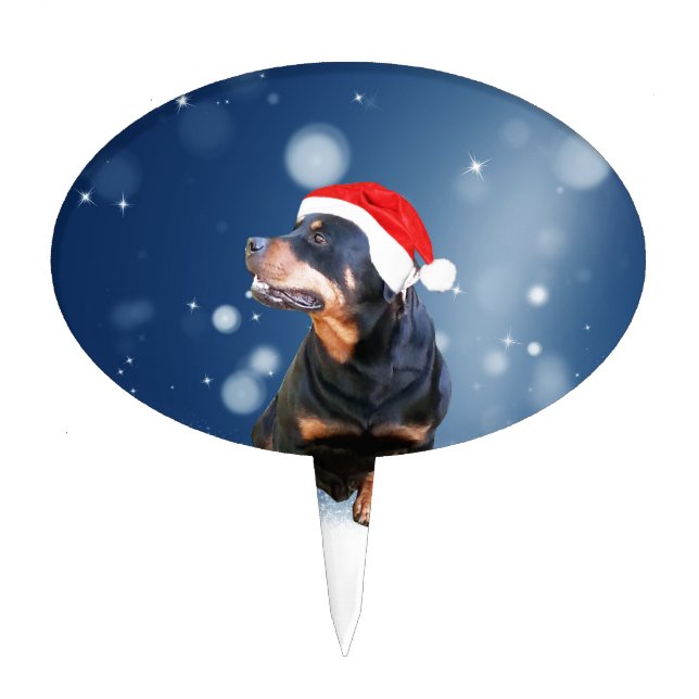 Cute Rottweiler Dog Christmas Santa Hat Snow Stars Cake Topper (Front)