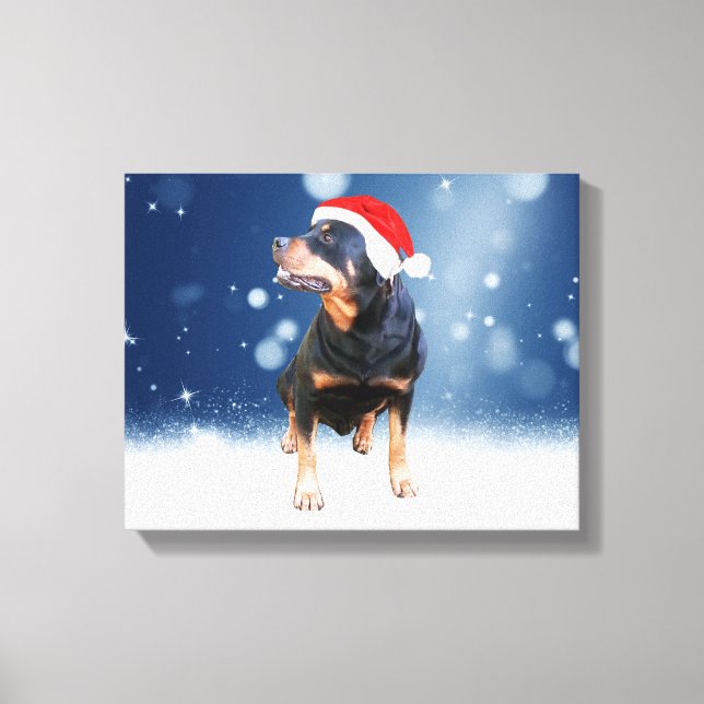 Cute Rottweiler Dog Christmas Santa Hat Snow Stars Canvas Print (Front)