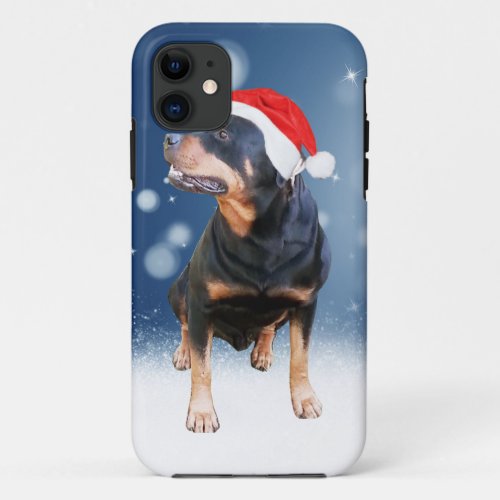 Cute Rottweiler Dog Christmas Santa Hat Snow Stars iPhone 11 Case