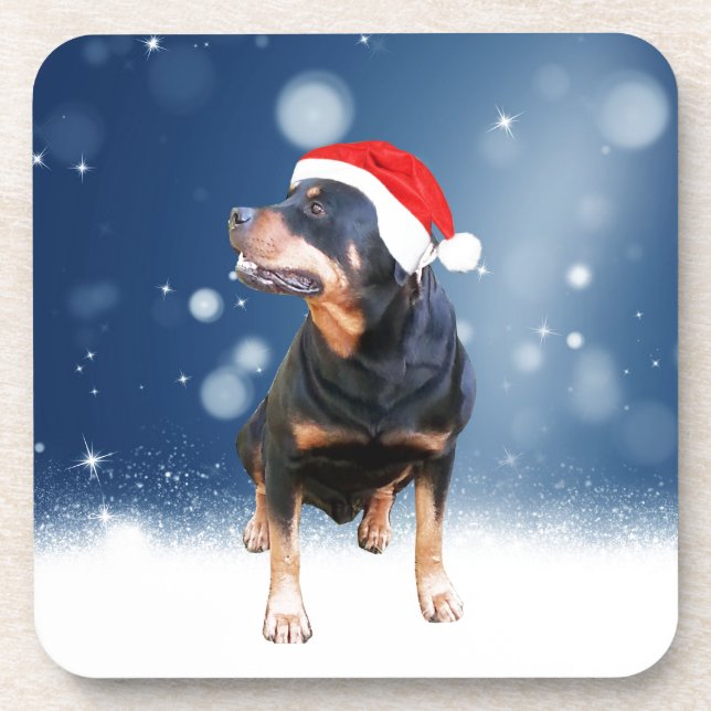 Cute Rottweiler Dog Christmas Santa Hat Snow Stars Drink Coaster (Front)