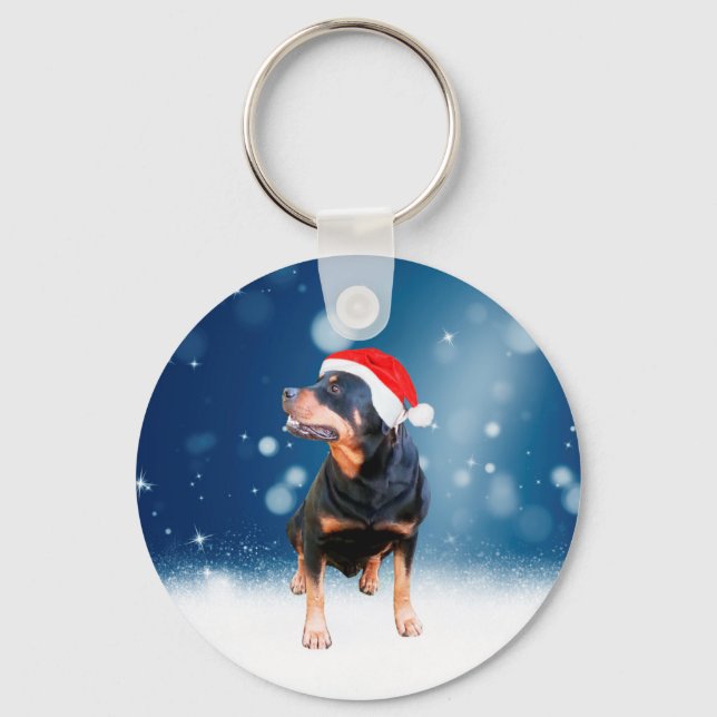 Cute Rottweiler Dog Christmas Santa Hat Snow Stars Keychain (Front)