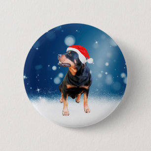 Cute Rottweiler Dog Christmas Santa Hat Snow Stars Pinback Button