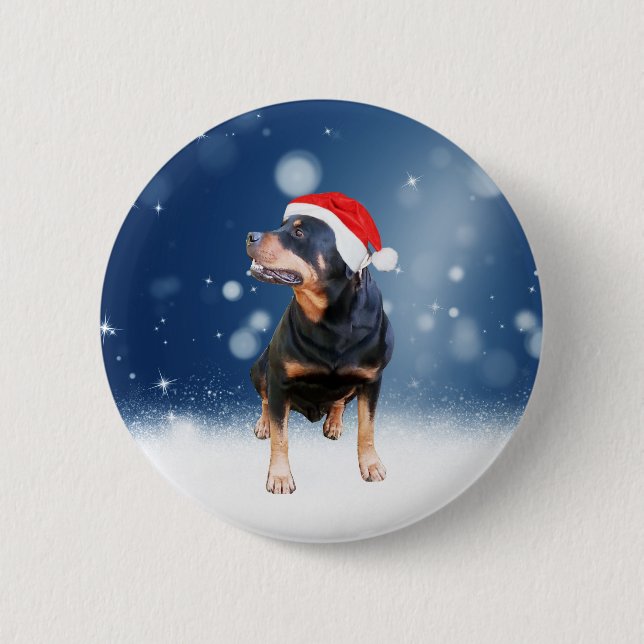 Cute Rottweiler Dog Christmas Santa Hat Snow Stars Pinback Button (Front)