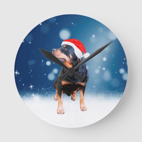 Cute Rottweiler Dog Christmas Santa Hat Snow Stars Round Clock