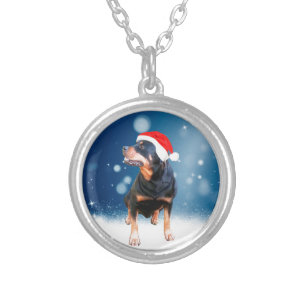 Cute Rottweiler Dog Christmas Santa Hat Snow Stars Silver Plated Necklace