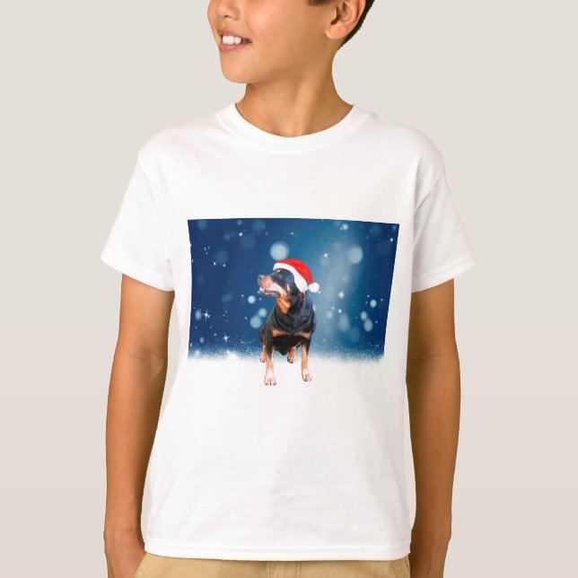 Cute Rottweiler Dog Christmas Santa Hat Snow Stars T-Shirt (Front)